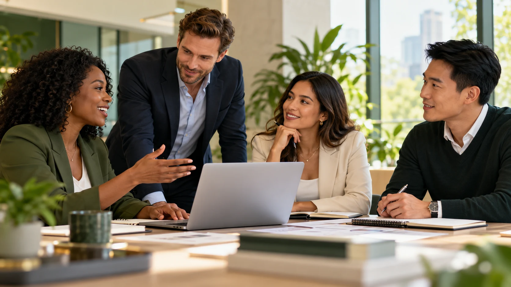 Illustrative diverse consulting team collaborating in a bright modern office